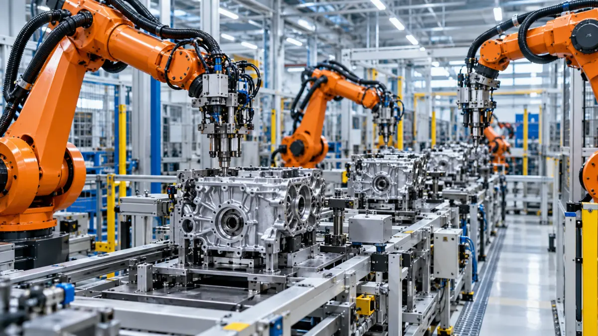 Industrieroboter arbeiten an einer Fertigungslinie ohne Beschäftigte