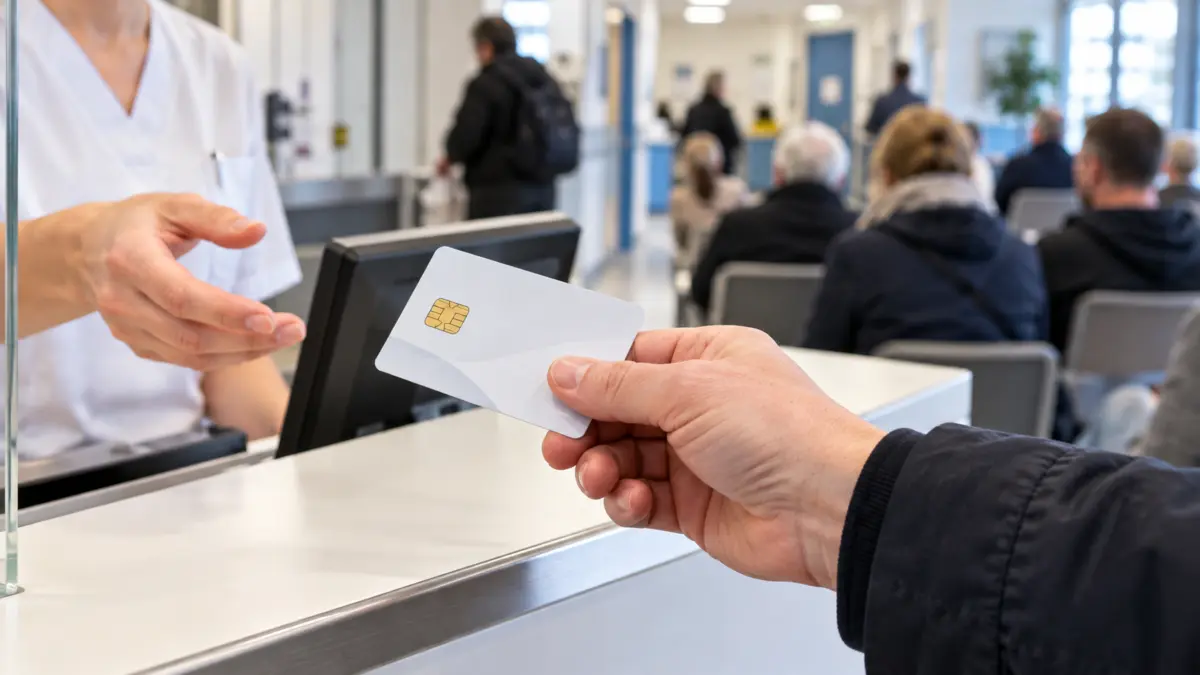 Hand reicht eine Krankenversicherungskarte an einem Empfangsschalter