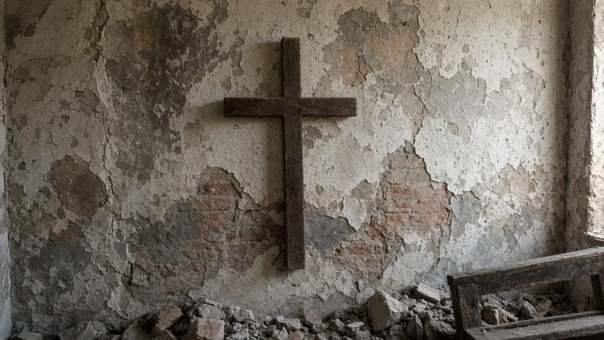 Schlichtes Holzkreuz an einer beschädigten Kirchenwand mit abgeplatztem Putz, Geröll und umgestürzter Bank
