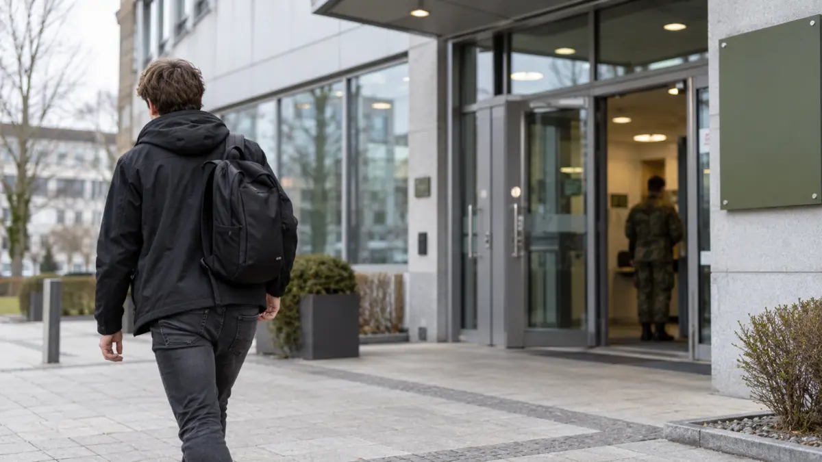 Junger Mann geht von einem symbolischen Rekrutierungsgebäude weg