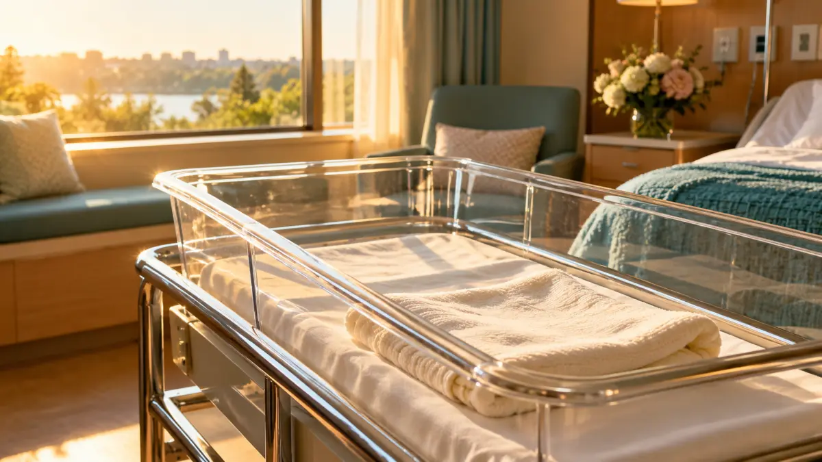 Leeres Babybett in einem hellen Entbindungszimmer