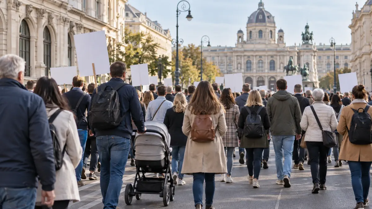 Symbolische Darstellung einer friedlichen Demonstration in Wien mit Kinderwagen und Plakaten