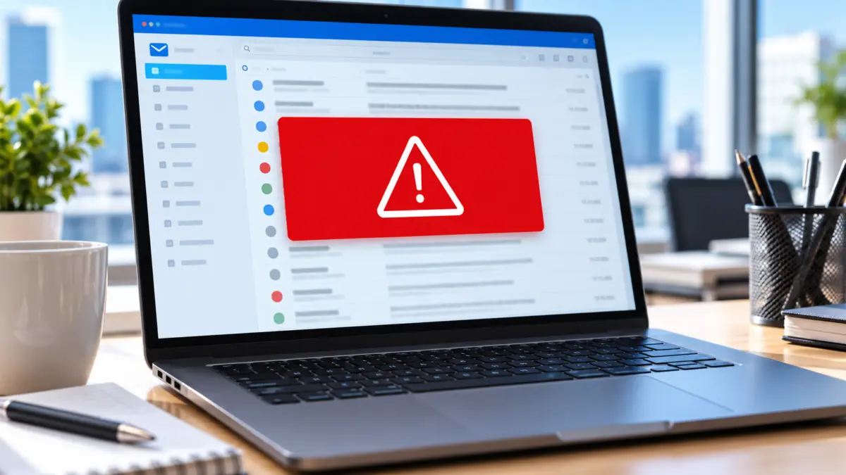 Auf einem Laptop erscheint ein rotes Warnsymbol vor einem E-Mail-Postfach.