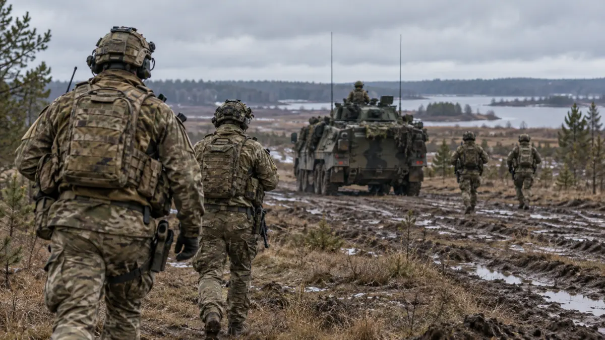 Soldaten bei einem NATO-Manöver auf einem europäischen Übungsgelände mit einem Schützenpanzer im Hintergrund