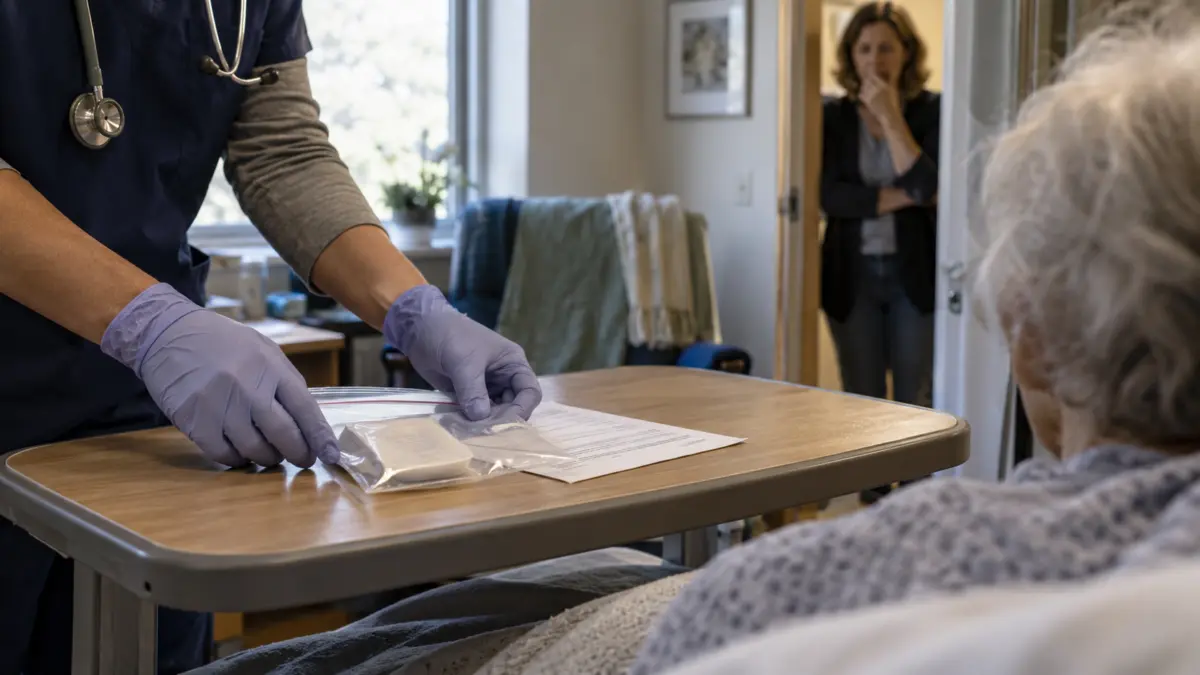 Medizinisches Personal legt ein Medikamentenpaket neben eine ältere Patientin