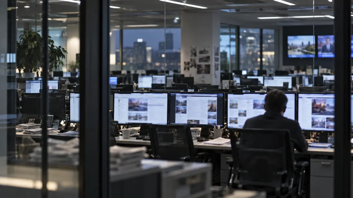 Blick in eine Redaktion mit Computerarbeitsplätzen am Abend