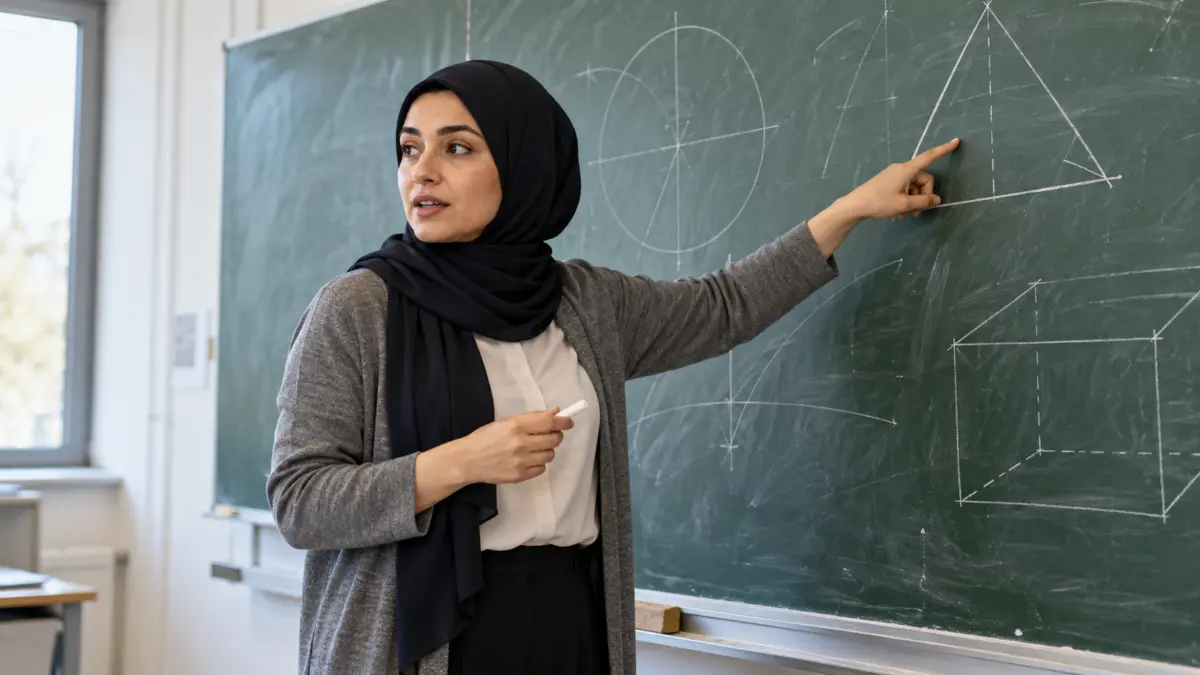 Lehrerin mit schwarzem Kopftuch unterrichtet vor einer grünen Schultafel