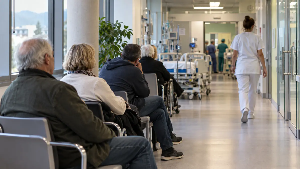 Patienten sitzen in einem Krankenhausflur und warten, während eine Pflegekraft den Gang entlanggeht