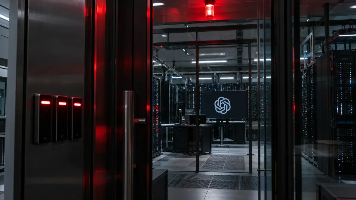 Abgesperrter KI-Serverraum mit drei rot leuchtenden deaktivierten Zugangskarten
