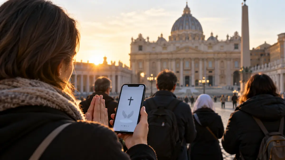 Gläubige vor dem Petersdom; eine Frau nutzt auf ihrem Smartphone eine Gebetsapp