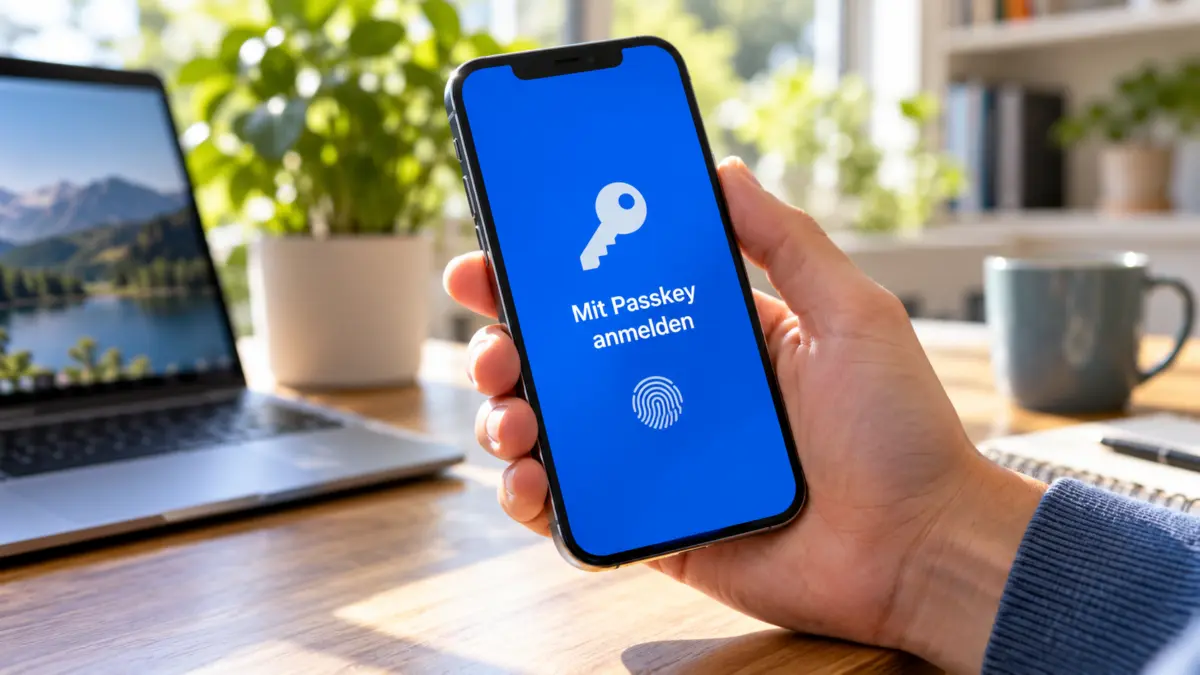 Smartphone mit der Anzeige Mit Passkey anmelden und einem Fingerabdrucksymbol