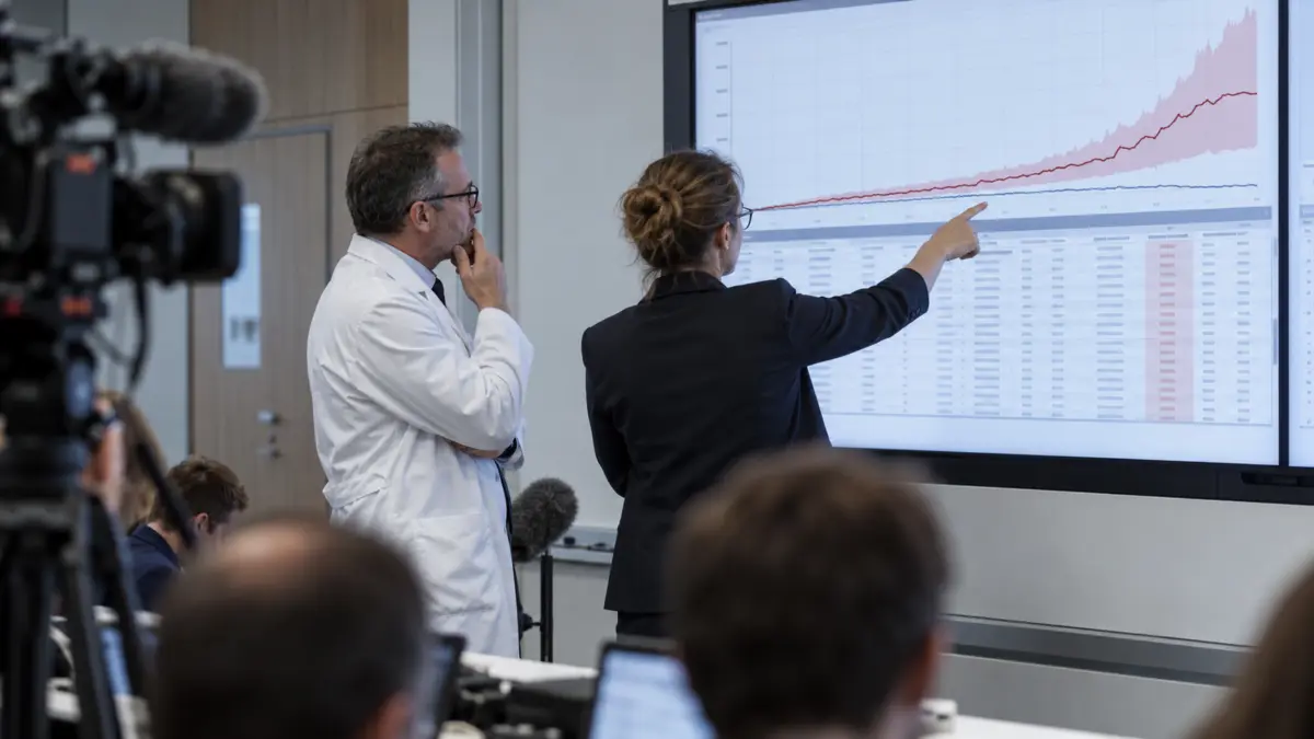Arzt und Datenanalystin prüfen eine auffällige Sterbekurve bei einer Presseauswertung
