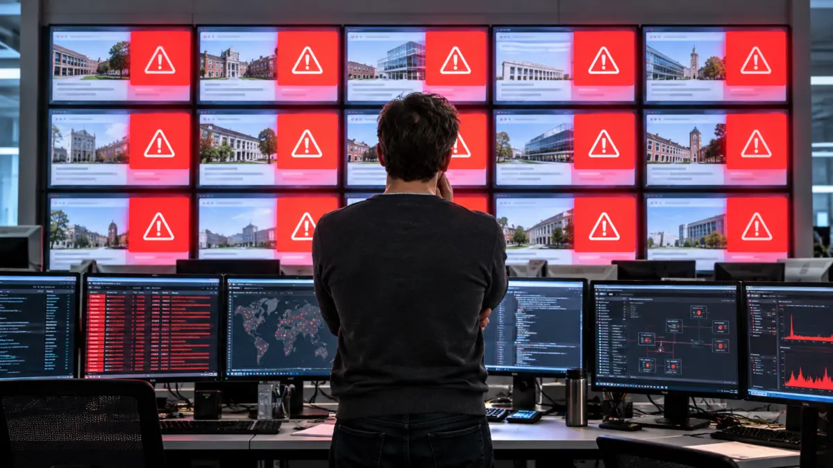 IT-Mitarbeiter vor mehreren Bildschirmen mit roten Sicherheitswarnungen