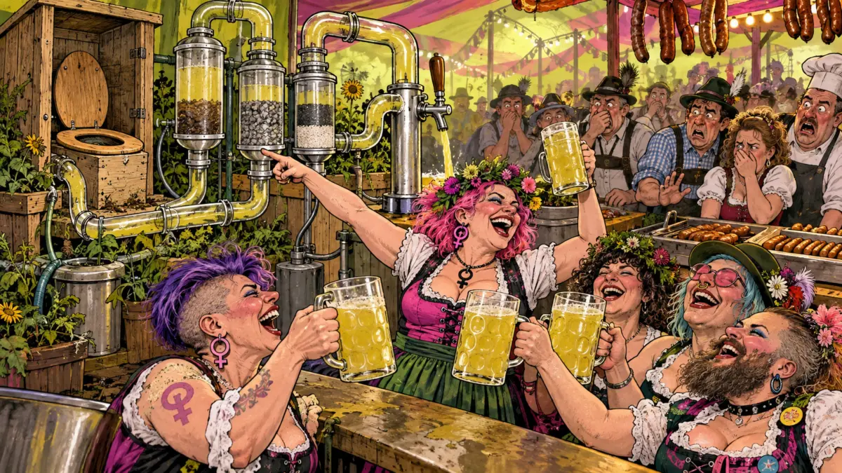 Karikatur eines Oktoberfests mit Komposttoilette, Filterrohren und gelbem Hopfengetränk