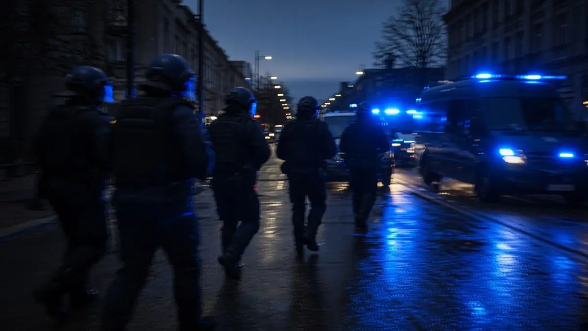 Symbolbild Polizisten und Einsatzfahrzeuge mit Blaulicht bei Nacht