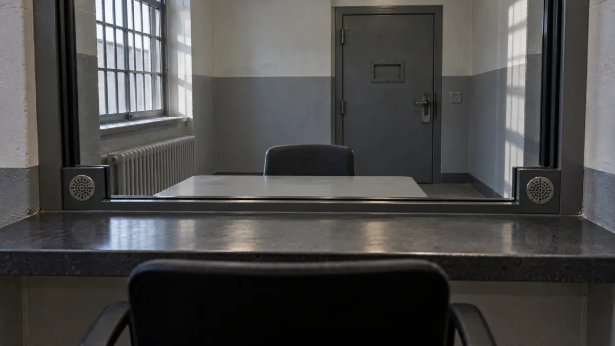 Leerer Besuchsraum hinter einer Glasscheibe in einer Justizvollzugsanstalt