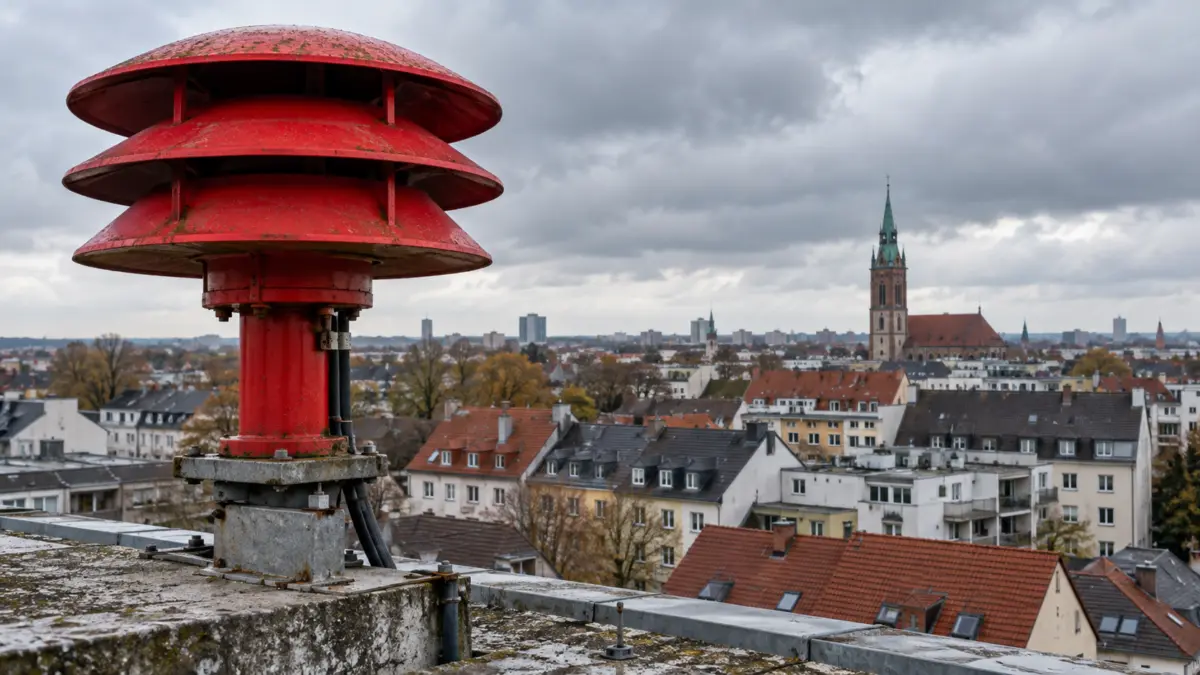 Rote Warnsirene auf einem Dach vor einer deutschen Stadt bei bewölktem Himmel