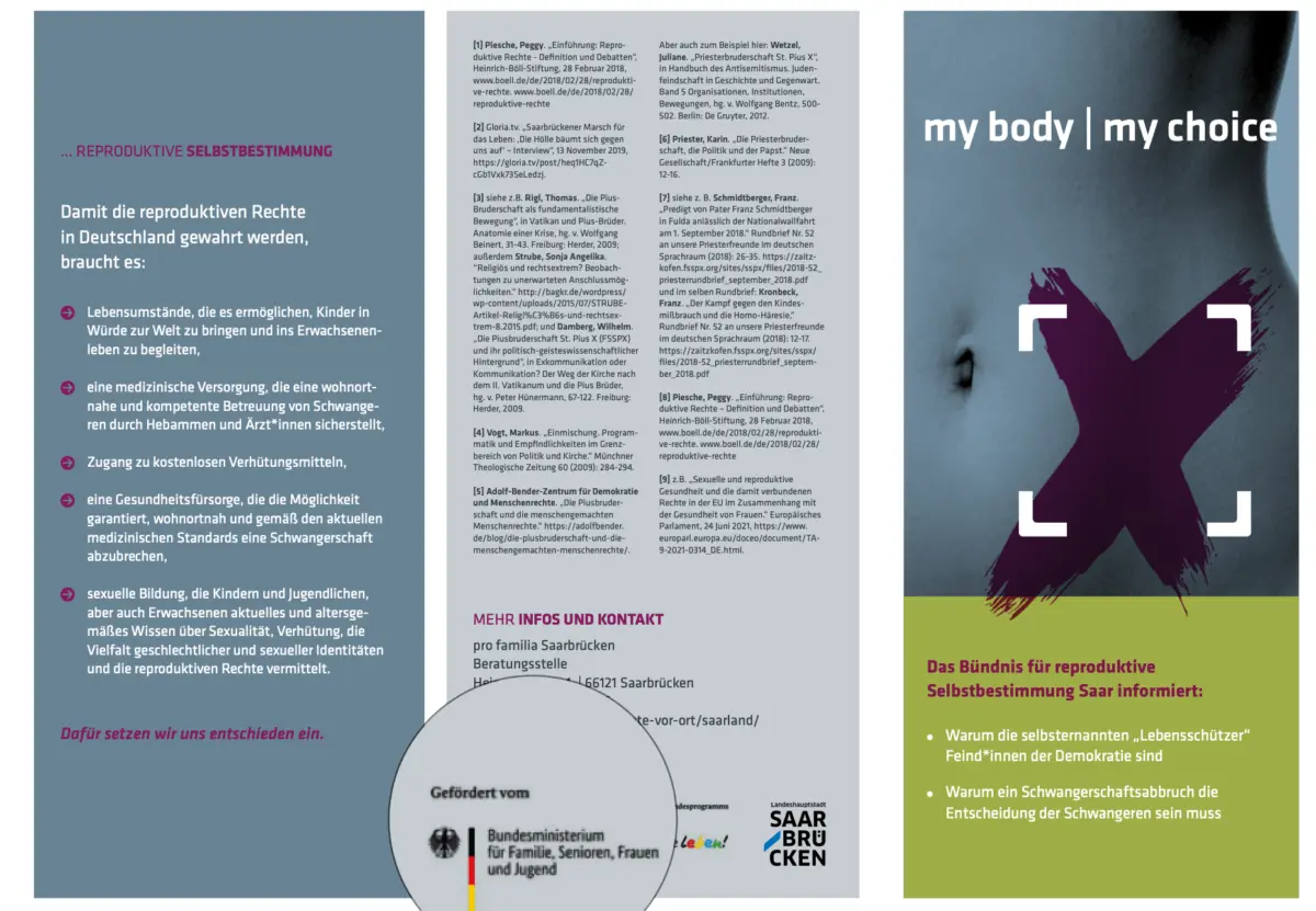 Broschüre my body my choice mit Aussagen gegen Lebensschützer und Förderhinweisen von Bund und Saarbrücken
