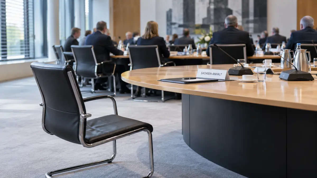 Leerer Stuhl vor dem Namensschild Sachsen-Anhalt in einem Regierungskonferenzraum