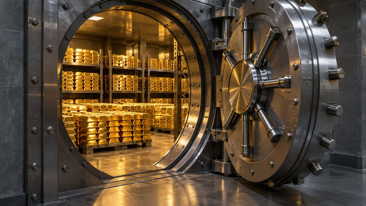 Goldbarren in einem geöffneten schweren Banktresor