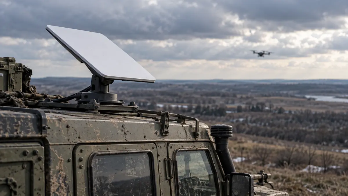 Satellitenantenne auf einem Militärfahrzeug, im Hintergrund eine Drohne