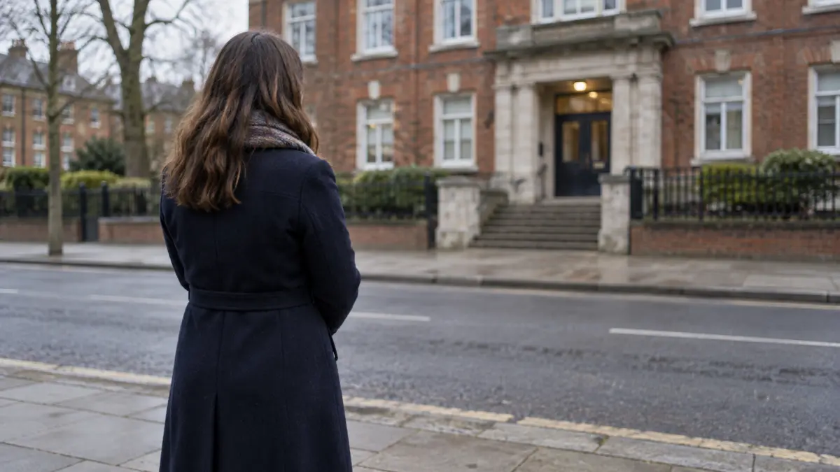Frau von hinten steht still auf einem britischen Gehweg vor einem Gebäude