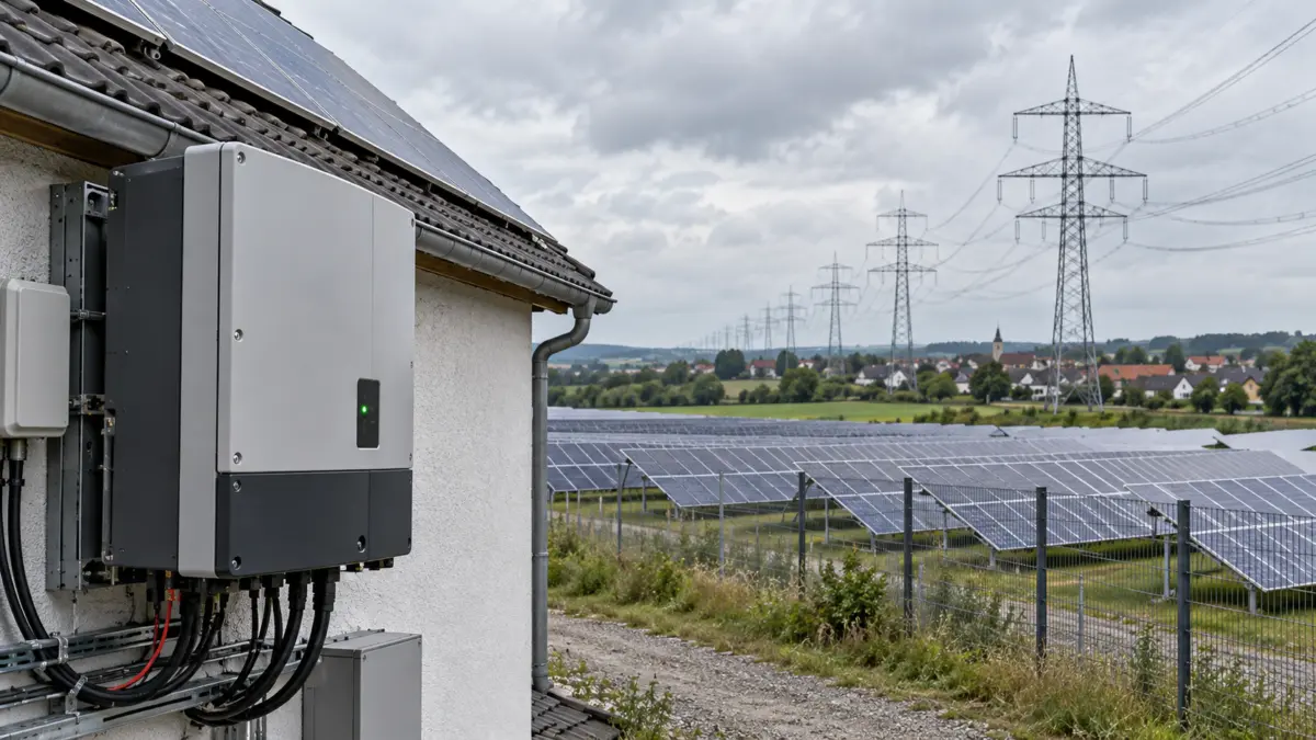 Solaranlage mit Wechselrichter und Stromleitungen im Hintergrund