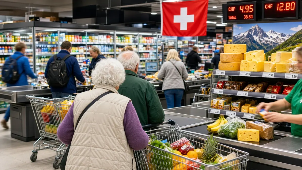 Belebte Supermarktkasse in der Schweiz mit Schweizer Fahne, Preisanzeigen in Franken, Käseauslage und einem älteren Paar mit Einkaufswagen von hinten