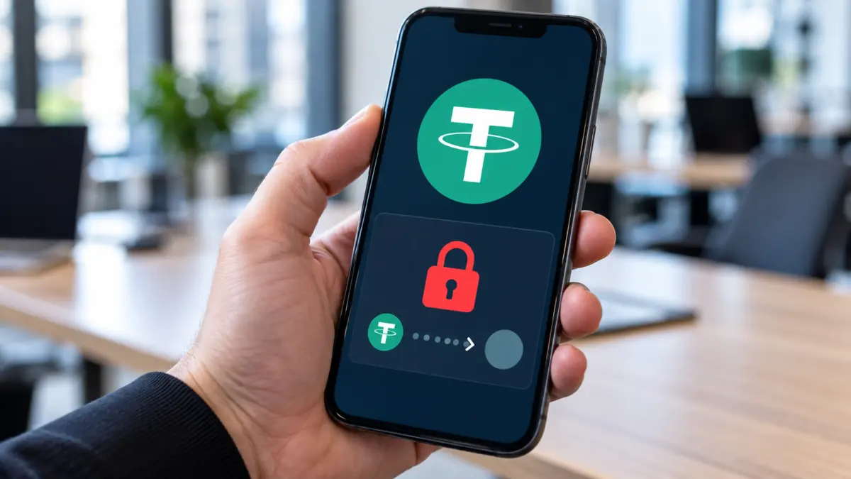 Smartphone mit USDT-Symbol und rotem Schlosssymbol für eine gesperrte Wallet