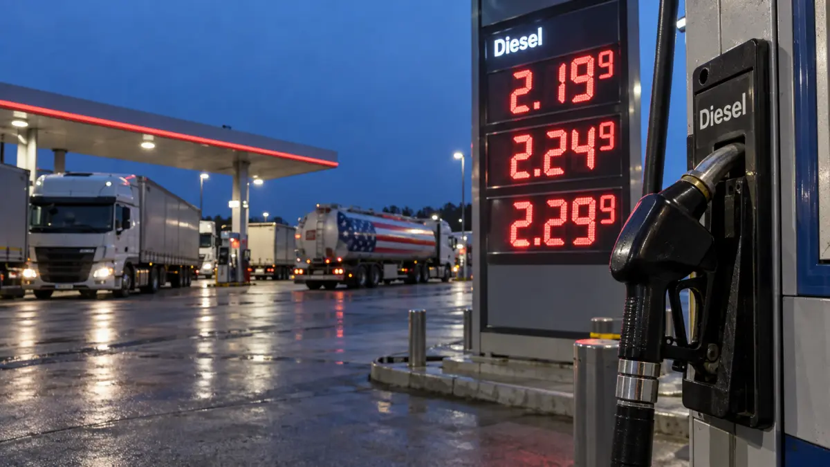 Dieselzapfsäule mit hohen Preisen, Lastwagen und amerikanischem Tankwagen im Hintergrund
