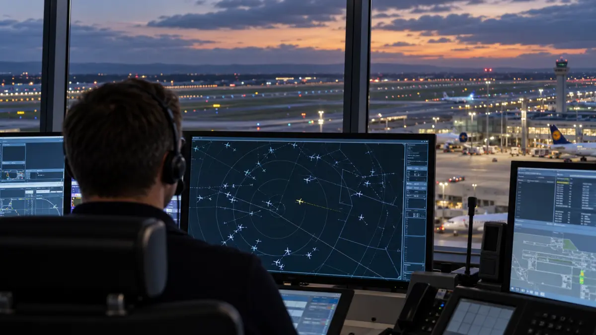Fluglotse von hinten vor Radarbildschirm mit auffälligem Kontakt und Flughafen im Hintergrund