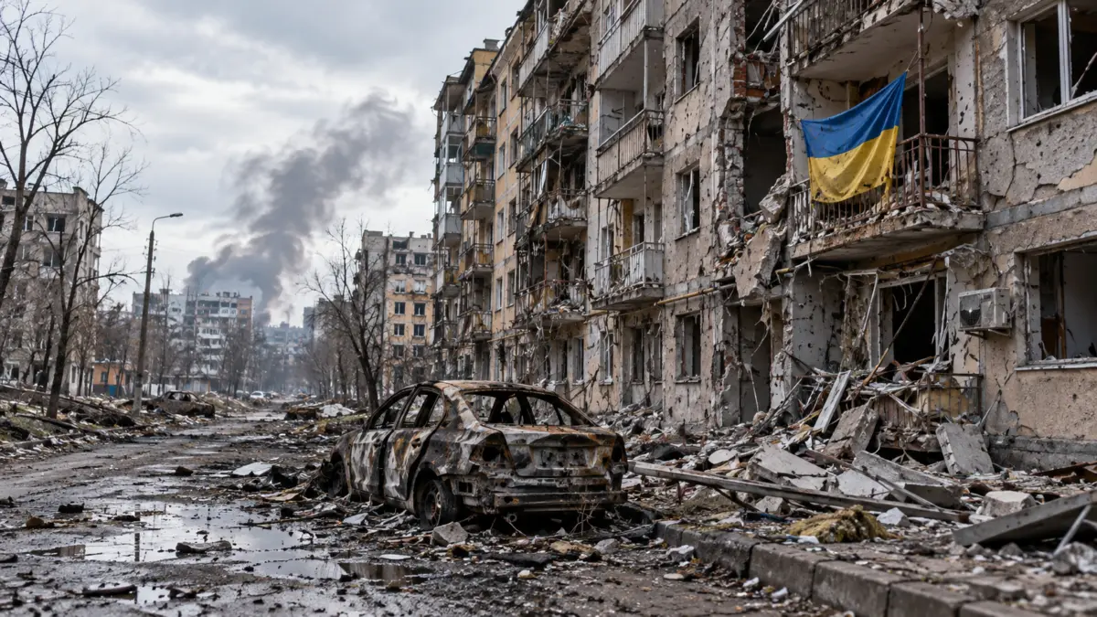 Kriegszerstörte Wohnstraße mit beschädigten Häusern und ausgebranntem Auto, im Hintergrund eine ukrainische Flagge