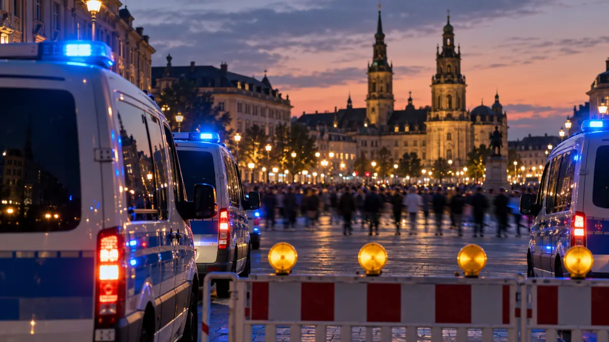 Polizeifahrzeuge mit Blaulicht sichern einen Stadtplatz mit unscharfer Menschenmenge im Hintergrund