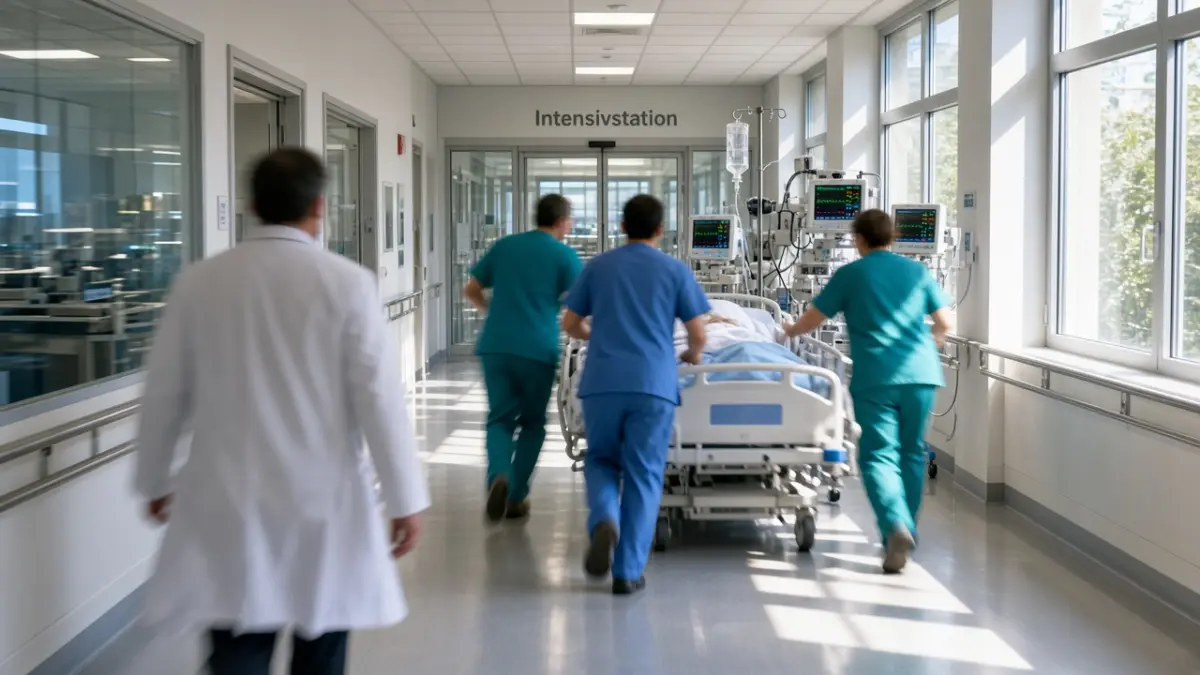Belebter Klinikflur vor einer Intensivstation, Pflegekräfte in Kitteln schieben von hinten gesehen ein Patientenbett mit Monitoren, ein Arzt im weißen Kittel läuft unscharf im Vordergrund