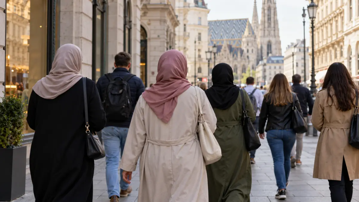 Passanten, darunter Frauen mit Kopftuch, gehen von hinten auf einer Wiener Straße