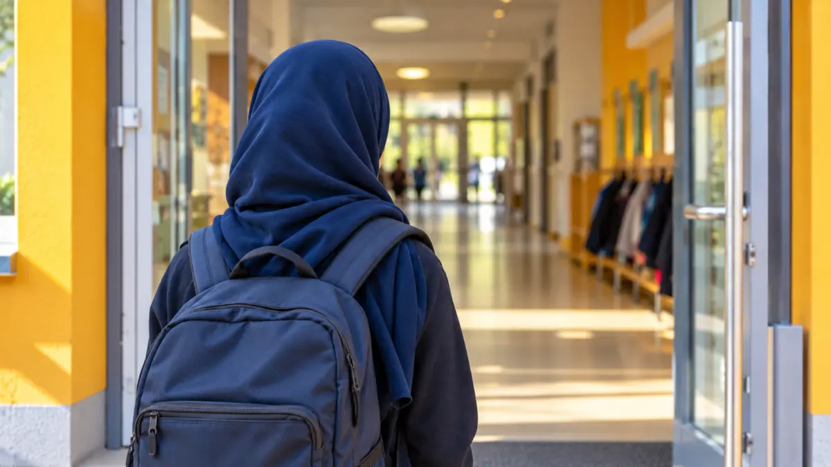 Schülerin mit blauem Kopftuch und Rucksack von hinten an einem Schuleingang