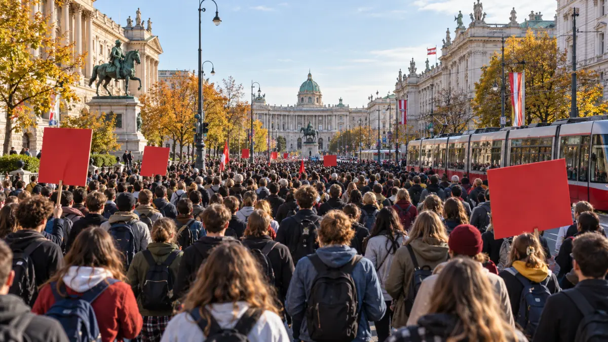 Große Demonstration auf einer Wiener Straße, von hinten gesehen, mit Straßenbahn im Hintergrund